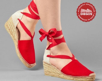 Diegos® Classic red high wedge Lola espadrilles shoes hand made and hand stitched in northern Spain