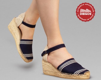 Alpargatas de cuña alta Diegos® Monaco Carmen: Algodón a rayas, cosidas a mano en España.