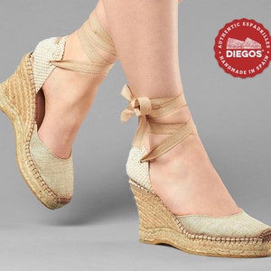 Diegos® Classic natural linen platform Lola espadrilles shoes hand made and hand stitched in northern Spain