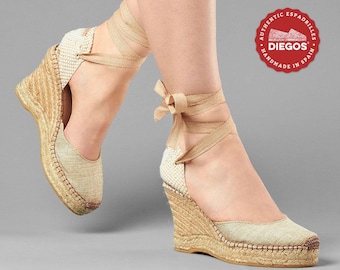 Diegos® Classic natural linen platform Lola espadrilles shoes hand made and hand stitched in northern Spain
