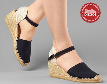 Diegos® Classic High Keil schwarze Carmen Espadrilles Schuhe handgefertigt und handgenäht in Nordspanien | Die einzig echten Espadrilles!