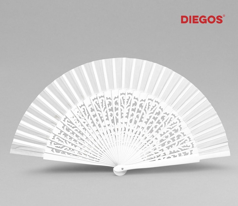 May include: A white hand fan with a delicate, intricate lace design. The fan is made of a lightweight material and has a white handle.