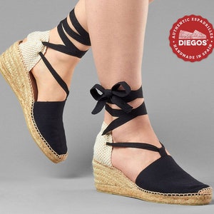 Diegos® Classic high wedge black Lola espadrilles shoes hand made and hand stitched in northern Spain