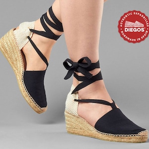 Diegos® Classic high wedge black Lola espadrilles shoes hand made and hand stitched in northern Spain