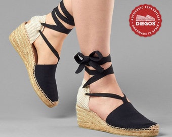 Diegos® Classic high wedge black Lola espadrilles shoes hand made and hand stitched in northern Spain