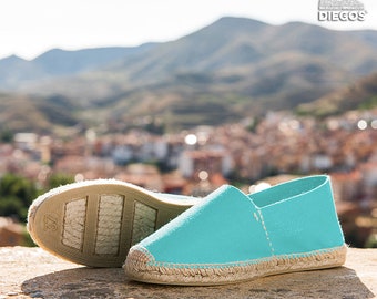 Diegos® Classic flat cyan green espadrilles shoes sewn in jute  | Made in Spain, hand stitched  | Authentic & original Espadrilles