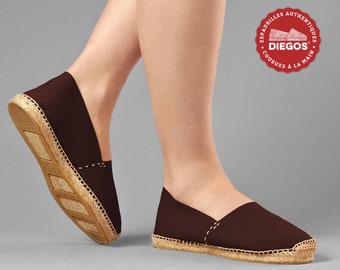 Diegos® Classic flat dark brown espadrilles shoes sewn in jute  | Made in Spain, hand stitched  | For both men and women