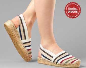 Diegos® Classic French stripes low wedge Catalina espadrilles shoes hand made and hand stitched in northern Spain