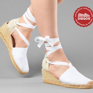 Diegos® Classic white high wedge Lola espadrilles shoes hand made and hand stitched in northern Spain