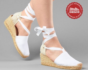 Diegos® Klassische weiße Lola Espadrilles-Schuhe mit hohem Keil, handgefertigt und handgenäht in Nordspanien