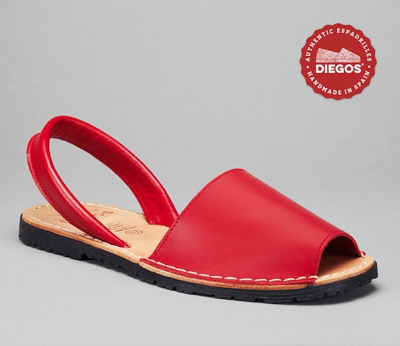 DIEGOS Women s Red Leather Avarcas Sandals Made in Spain Open Toe