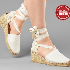 Diegos® Classic high wedge ivory Lola espadrilles shoes hand made and hand stitched in northern Spain