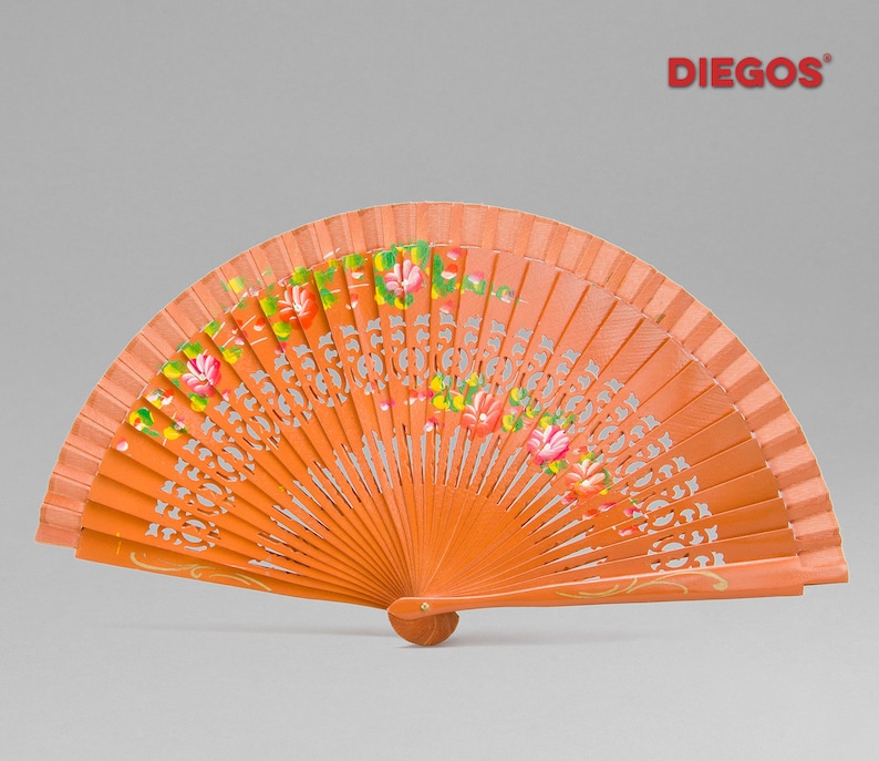 Hand painted Spanish Abanico hand fan made in Valencia with Ebony wood Flower Flamenco painting Golden brown