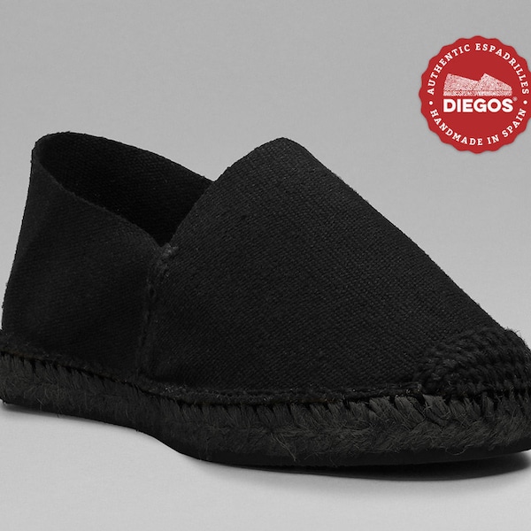 Diegos® All flat black espadrilles shoes : Black soles, canvas and stitching  | Made in Spain, hand stitched  | For both men and women