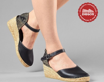 Diegos® Classic high wedge black leather Carmen espadrilles | Authentic Spanish leather hand stitched to the sole | capsule wardrobe