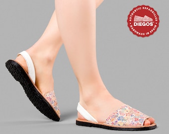 DIEGOS® Leather Avarcas sandals with embossed flower pattern | Made in Spain | Open toe summer shoes | We ship from NY, easy returns