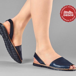 DIEGOS® women&#39;s Navy blue leather Avarcas sandals | Made in Spain | Open toe summer shoes | We ship from NY, easy returns
