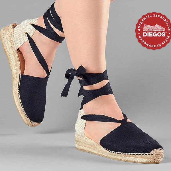 Diegos® Classic low wedge black Lola espadrilles shoes hand made and hand stitched in northern Spain