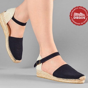 Diegos® Classic low wedge black Carmen espadrilles shoes hand made and hand stitched in northern Spain