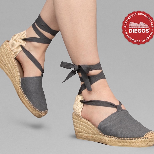 Diegos® Classic high wedge Graphite gray Lola espadrilles shoes hand made and hand stitched in northern Spain