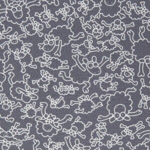 May include: A gray fabric with a white repeating pattern of sheep. The sheep are outlined in white and have a simple design.