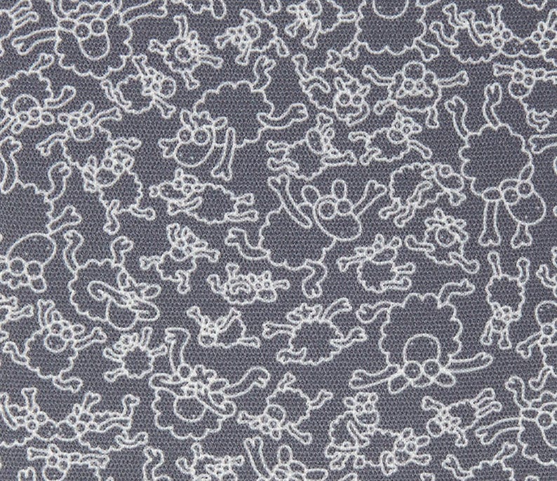 May include: A gray fabric with a white repeating pattern of sheep. The sheep are outlined in white and have a simple design.