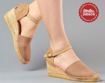 Diegos® Classic high wedge tan Carmen espadrilles shoes hand made and hand stitched in northern Spain