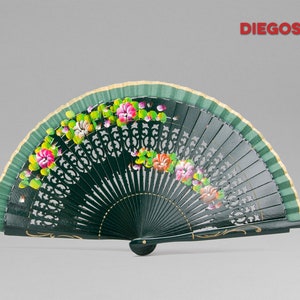 Hand painted Spanish Abanico hand fan made in Valencia with Ebony wood Flower Flamenco painting Green