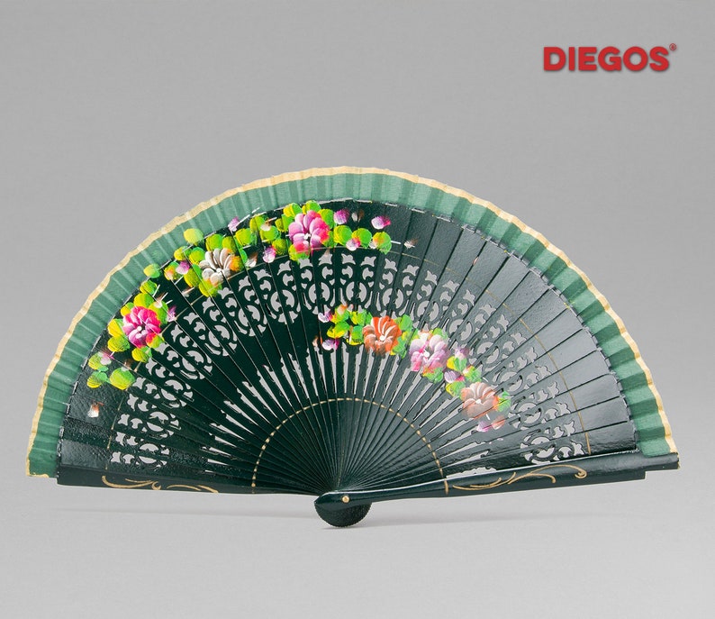 Hand painted Spanish Abanico hand fan made in Valencia with Ebony wood Flower Flamenco painting Green