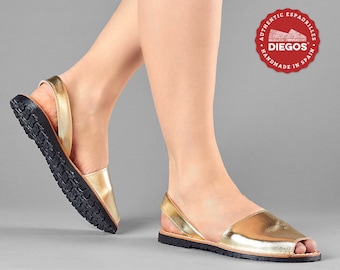 DIEGOS® sandalias Avarcas de piel dorada de mujer / Made in Spain / Zapatos de verano open toe / Enviamos desde NY, devoluciones fáciles