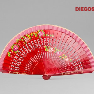 Hand painted Spanish Abanico hand fan made in Valencia with Ebony wood Flower Flamenco painting Red