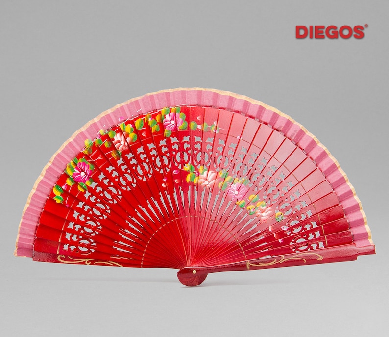 Hand painted Spanish Abanico hand fan made in Valencia with Ebony wood Flower Flamenco painting Red