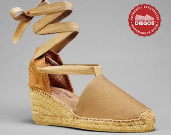 Diegos® Classic high wedge tan espadrilles shoes hand made and hand stitched in  northern Spain | Lace-up espadrilles!