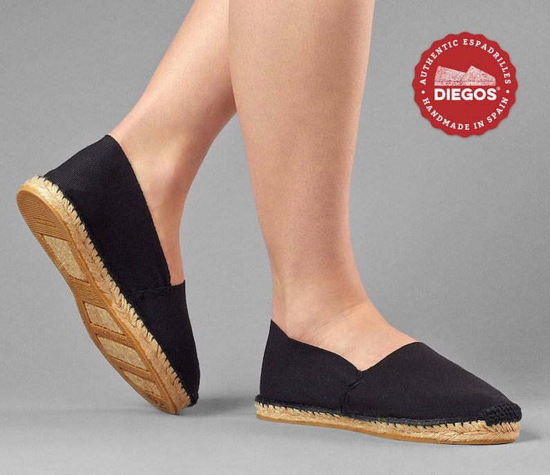 hand stitched Authentic /& original Espadrilles Diegos\u00ae Classic flat black espadrilles shoes sewn in black Made in Spain