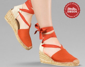 Diegos® Classic high wedge orange terracotta Lola espadrilles shoes hand made and hand stitched in northern Spain | capsule wardrobe