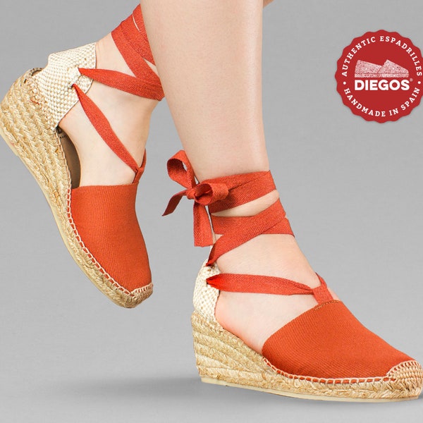 Diegos® Classic high wedge orange terracotta Lola espadrilles shoes hand made and hand stitched in northern Spain | capsule wardrobe