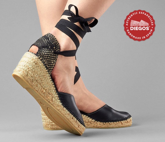 Diegos® Classic hoge sleehak zwart leer Lola espadrilles - Etsy België
