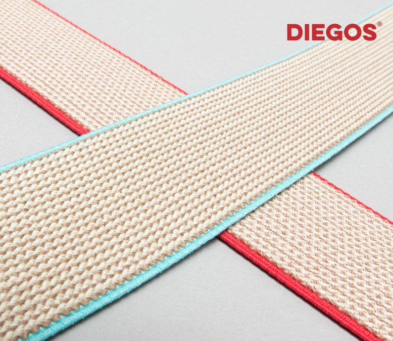 May include: Two beige elastic bands with contrasting trim. One band has a turquoise trim and the other has a red trim. The text "DIEGOS&reg;" is printed in red on the top right corner of the image.