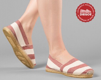 Diegos® Classic flat red & ivory wide stripes espadrilles shoes sewn in jute| Made in Spain, hand stitched  | For women