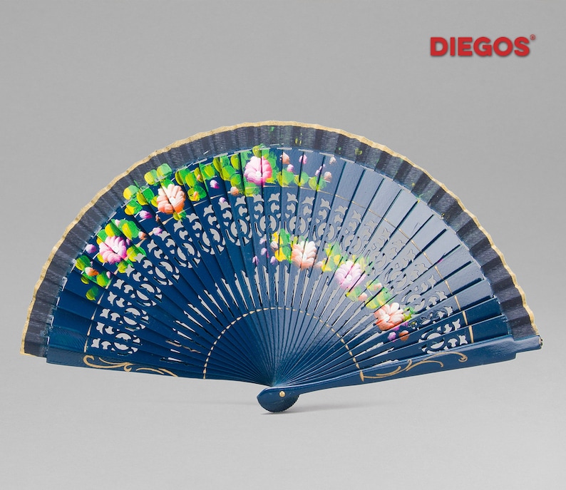 Hand painted Spanish Abanico hand fan made in Valencia with Ebony wood Flower Flamenco painting Blue