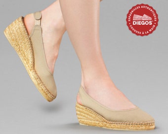 Paloma beige high wedge slingback espadrilles shoes hand made and hand stitched in northern Spain | capsule wardrobe