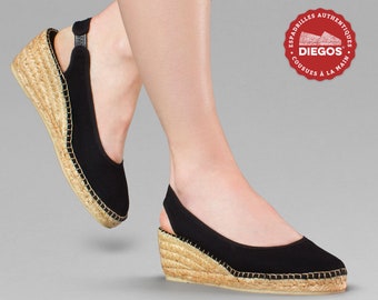 Black Paloma high wedge slingback espadrilles shoes hand made and hand stitched in northern Spain