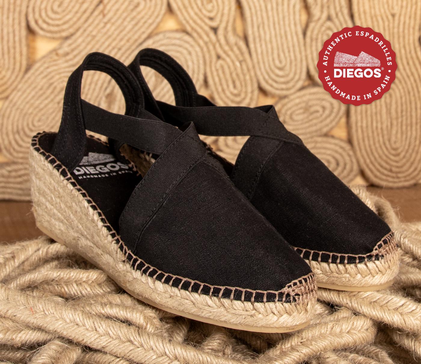 Diegos® Classic high wedge black Belen espadrilles shoes hand made and hand stitched in northern Spain