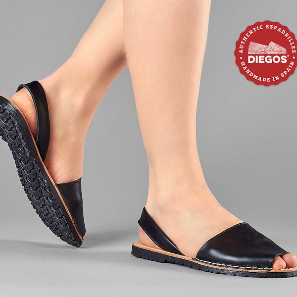 DIEGOS® women's black leather Avarcas sandals | Made in Spain | Open toe summer shoes | We ship from NY, easy returns