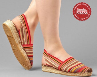 Diegos® Classic red stripes low wedge Catalina espadrilles shoes hand made and hand stitched in northern Spain