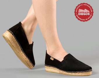Women's suede classic black low wedge Maria espadrilles shoes, hand made and hand stitched in northern Spain | DIEGOS®