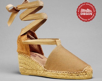 Diegos® Classic tan high wedge Lola espadrilles shoes hand made and hand stitched in northern Spain