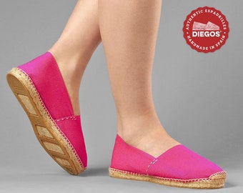 Encanto style shoes for adult fuchsia espadrilles with black ribbons hand stitched in northern Spain | The only authentic espadrilles