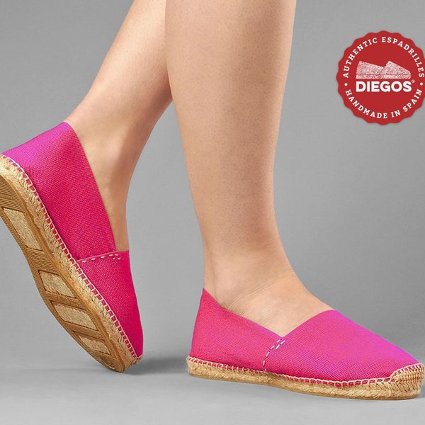 Encanto style shoes for adult fuchsia espadrilles with black ribbons hand stitched in northern Spain | The only authentic espadrilles