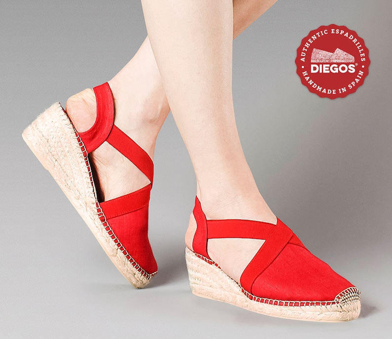 Vintage Sandal History: Retro 1920s to 1970s Sandals Diegos® Classic high wedge red Belen espadrilles shoes hand made and hand stitched in northern Spain $69.00 AT vintagedancer.com